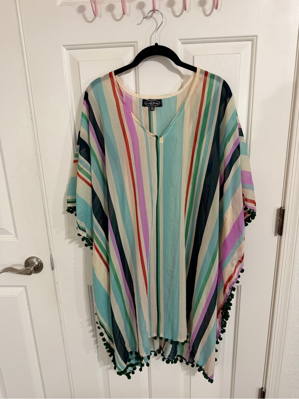 Striped Multicolor Poncho Tunic with Pom Trim - Mint Stripe
